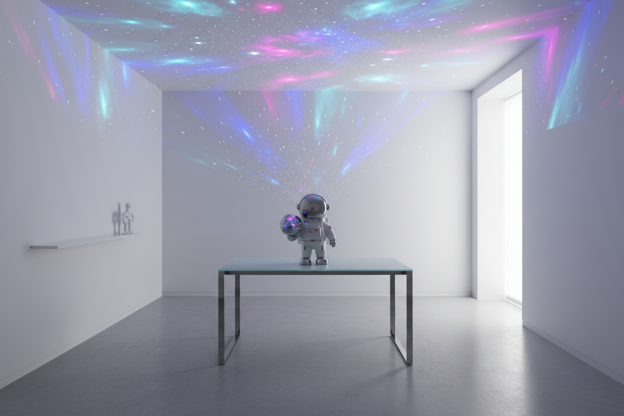 Minimalistic white room with a astronaut galaxy lamp projector on a study table 